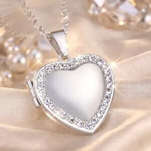 925 Sterling Silver Necklace w/  CZ Halo Heart Locket Valentine's Birthday gift